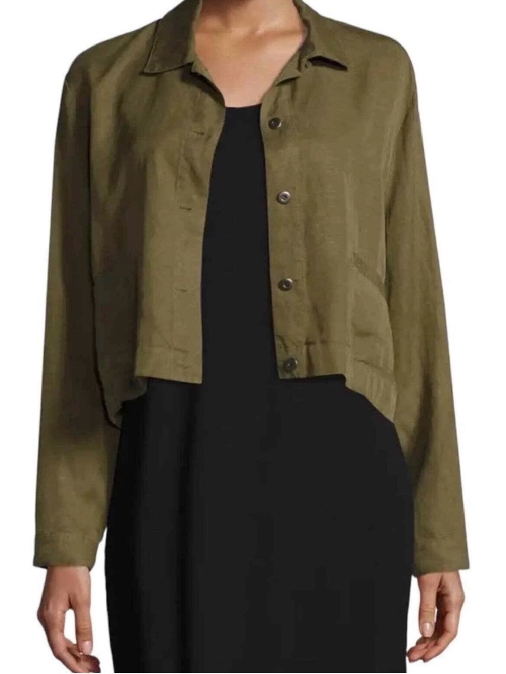 Eileen Fisher | Cropped Olive Green Button Front Jacket